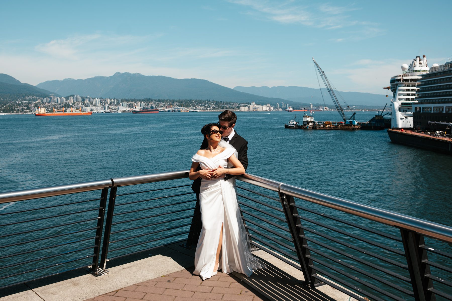 Wedding couple photographed on Vancouver waterfront
